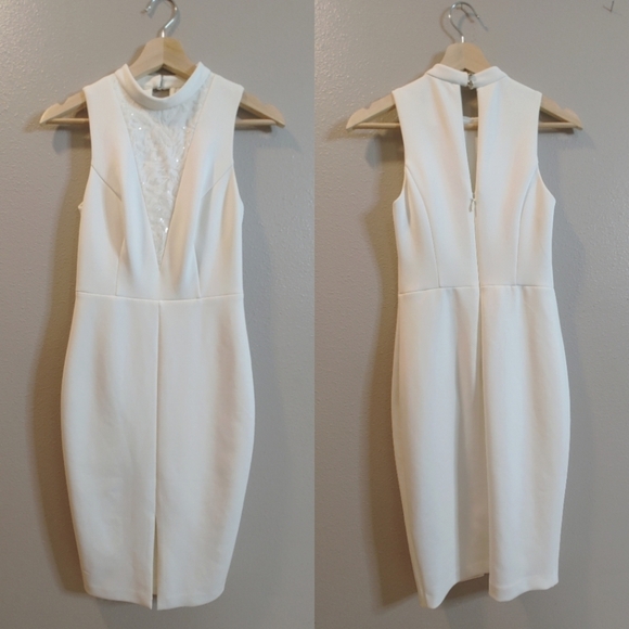 Guess High Neck Sleeveless Pencil Dress Ivory Off White Scuba Knit Sequin Size 4 - Picture 1 of 15